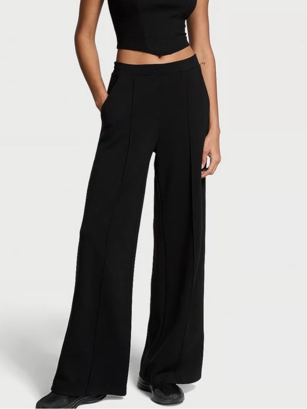 NWT Victoria's Secret VSX Featherweight Knit Wide Leg Pants L Black Modal $69.95